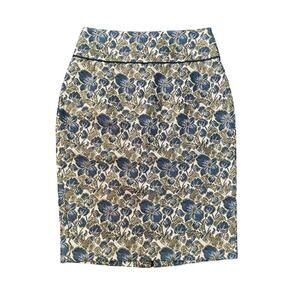 Magaschoni Collection blue gold & cream floral pencil skirt size 8
